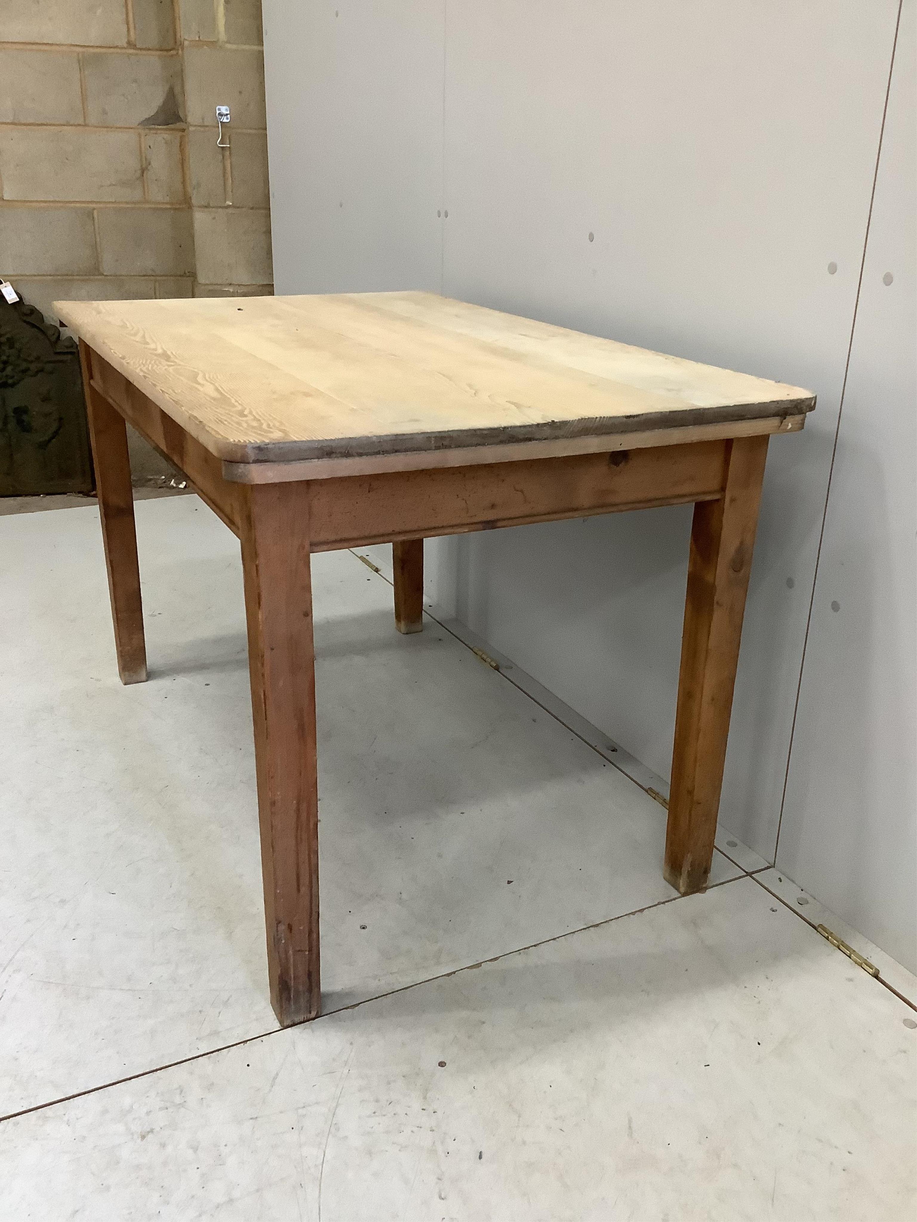 A Victorian rectangular scrubbed pine kitchen table, width 123cm, depth 76cm, height 78cm. Condition - fair